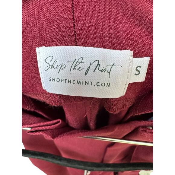 Shop the Mint Burgundy Red Wide Leg Trousers. Paper bag belted waist. Size-S - Picture 7 of 8